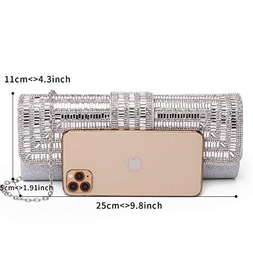 لابير شنطة مسائية وكلاتش للنساء، شنطة يد كريستالية لامعة مرصعة باحجار الراين، شنطة يد رسمية لحفلات الزفاف، لون فضي، مقاس S