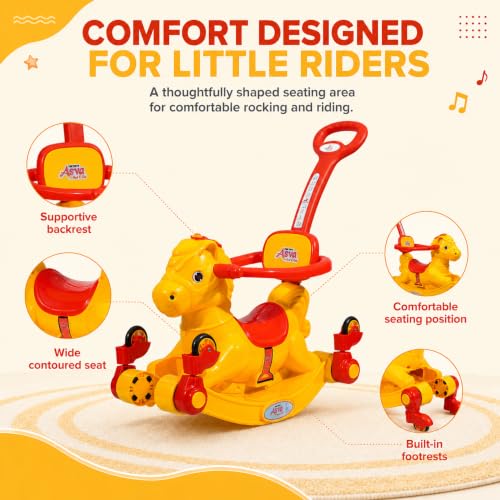 Image of 3 in 1 Baby Horse Rider for Kids 1-5 Years with Parent Handle, Rocking Horse, Ride On Toy, 360 Safety Guard, Music, Swivel Wheels, Backrest, Baby Ride On for Boys & Girls (Yellow)