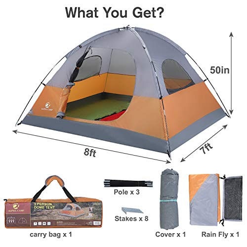 Alpha Camp 3/4 Person Camping Dome Tent With Carry Bag, Lightweight Waterproof Portable Backpacking Tent For Outdoor Camping/Hiking - 7' X 8' Orange #TOP3