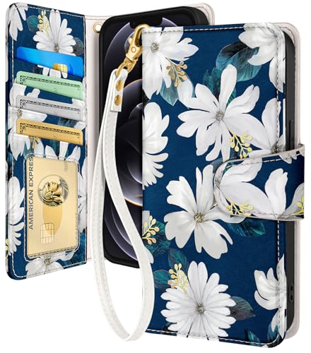 Toycamp for iPhone 12 Pro Wallet Case, Leather Flip Cover, White Flower