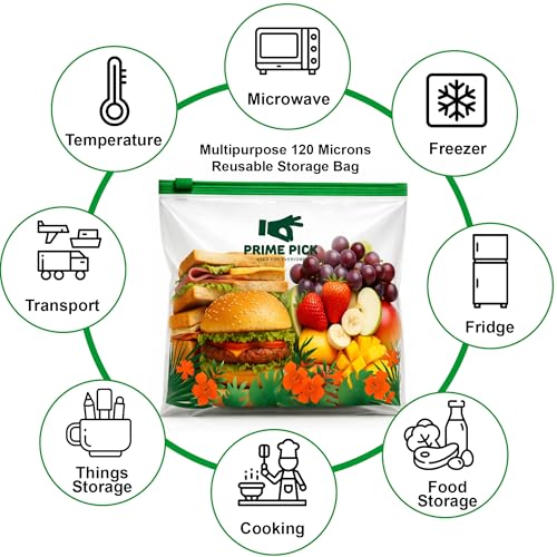 Image of Prime Pick Fresh Lock Zip Storage Bags Reusable Food Storage Zip Lock Bags 120 Micron Leak Proof Double Zipper BPA Free Food Grade Freezer Microwave Safe Multicolour Small Medium Large Pack of 60