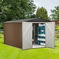 10x10 FT Outdoor Metal Storage Shed, Large Metal Storage Sheds with Sturdy Frame Structure, Garden Tool Shed with Lockable Door for Garden, Lawn, Backyard, Brown