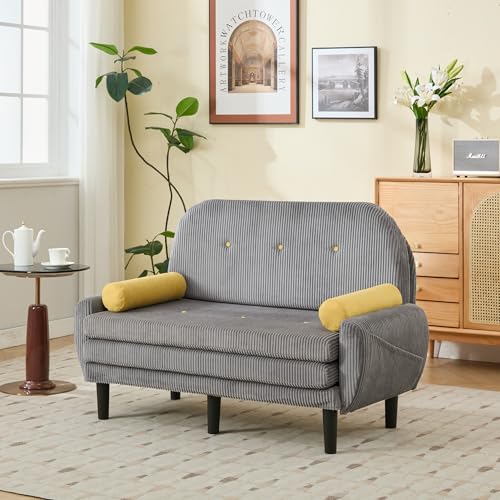 A ALFRESCOOL Sofa mit Schlaffunktion, Schlafsofa Klein, Cord Sofa 2 Sitzer, Kann als Sofa, Bett und Liegestuhl, Samtpolsterung für Wohnzimmer und Schlafzimmer, 180 * 128 * 53cm (Grau)