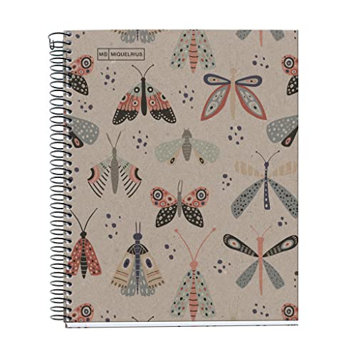 Miquelrius Taccuino Riciclato, 1 Striscia Colorata, Formato A5, 80 Fogli A Righe Orizzontali, 2 Fori Copertina In Cartone, Eco Farfalle, A5, 80 g