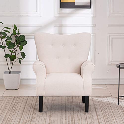 Mellcom Mid Century Wingback Arm Chair,Modern Upholstered Fabric High Back Accent Chair With Wood Legs,Upholstered Single Sofa Club Chair For Living Room, Bedroom, Home Office, Beige #TOP5