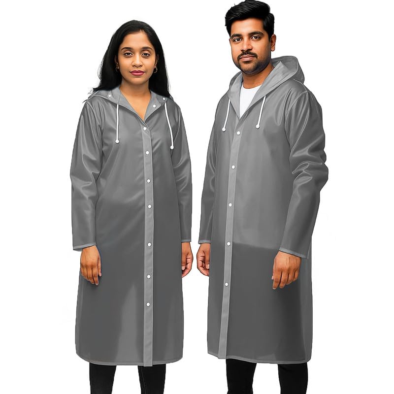 W+ Long Hooded Waterproof Raincoat | Premium EVA Material | Full Length Button Closure Rain Wear Men and Women (Grey) (2 Piece)-image-21