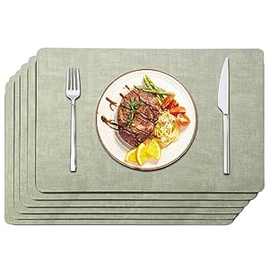 Maxpearl Faux Leather Placemats Set of 6 – Waterproof – Wipe Clean – Heat Resistant – Anti Slip Dining Table Place Mats, Suitable for Indoor & Outdoor Use, 17’’x12’’, Sage Green