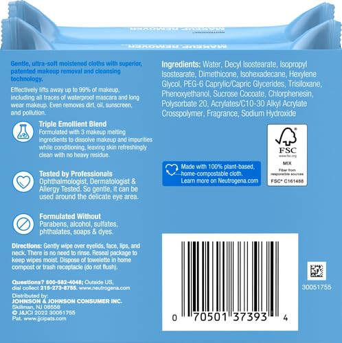 Image of Neutrogena Makeup Remover Micellar Wipes for Face Daily Gently Removes Oil Dirt and Waterproof Makeup in a Simple Fully Plant-Based Cloth, 25 Count (Pack of 24)