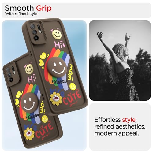 Image of Pikkme Back Cover for Oppo F19 Pro Plus 5G | Soft Silicone| Cute Rainbow Smile & 3D Cartoon Flower Design | Shockproof Raised Camera Protection Bumper Case (Brown)