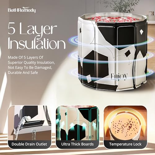 Image of Bath Tub for Adult for Bathroom, Foldable SPA Tub for Home Use with Drainage Hole, Thickened Insulated Ice Bath Tub, Inflatable BathTub for Adults, Ice BathTub for Adults (Black Flower)