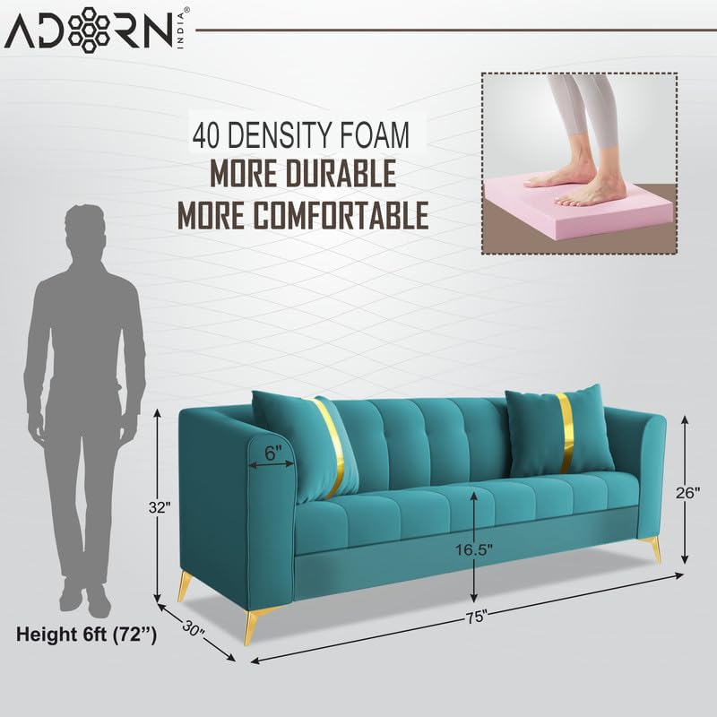 Image of Adorn India Premium Mystic - 3 Years Warranty - 3 Seater Sofa Velvet Suede Fabric - Aqua Blue