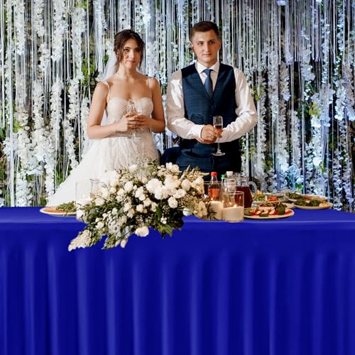 Image of HolidayIdeas Royal Blue 8ft Rectangle Spandex Tablecloth 2 Pack Fitted Stretch Table Skirts 30x96 Inch, Ruffle Design Wrinkle-Free Polyester Table Cover for Banquets,Trade Shows, Parties, Events