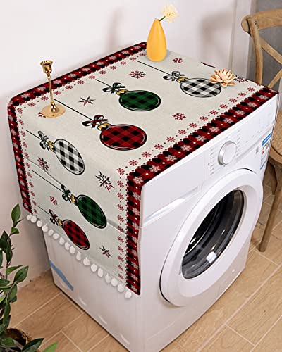 Fridge Dust Cover, Christmas Balls Washing Machine Top Covers With 4 Storage Pockets, Red Black Plaid Xmas Snowflake Burlap Kitchen Refrigerator Covers Protector Storage Organizer Bags, 28" X 67" #TOP1