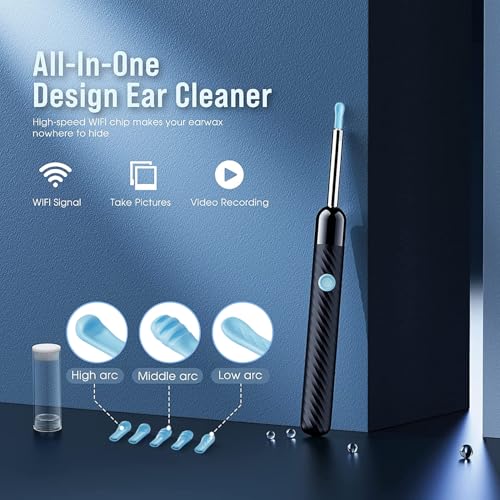 ear wax removal - earwax remover tool with 8 pcs ear set - ear canal cleaner with 1080p camera - fsa hsa eligible - ear cleaning kit with 6 ear spoon - ear camera for ios amp android black