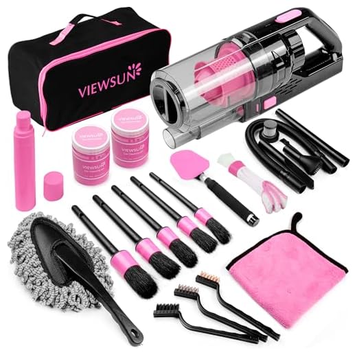 Viewsun 17pcs Car Cleaning Kit, Pink Car Interior Detailing Kit with High Power Handheld Vacuum, Detailing Brush Set, Windshield Cleaner, Cleaning Gel, Complete Auto Accessories for Women Gift
