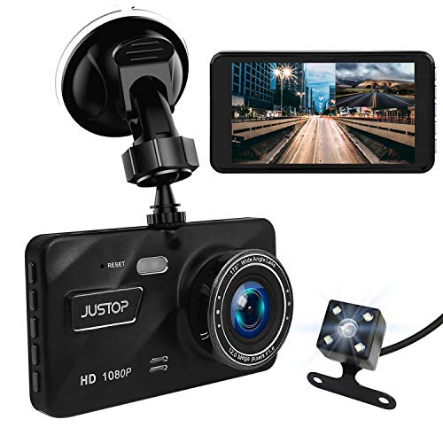 JUSTOP Dash Cam 1080P Full HD In Car DVR Camera Digital Driving Video Recorder 4" LCD Screen 170°Wide Angle 6G Lens WDR With Waterproof Rear Reversing Camera
