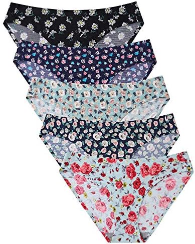 voenxe Womens Seamless Underwear Breathable Stretch Bikini Panties (5 Pack Floral Design, Medium)