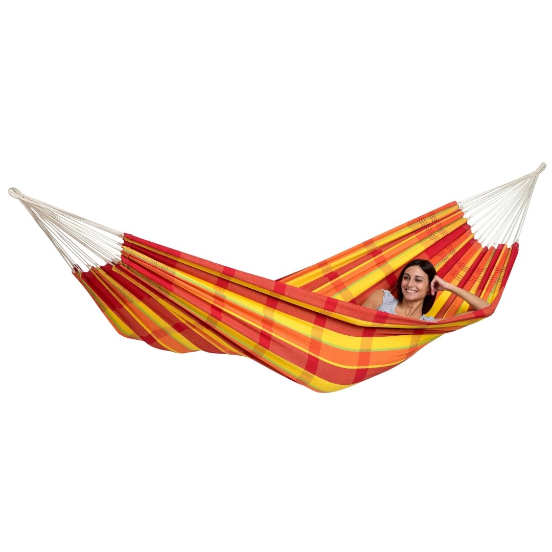 Laminvale Ltd AMAZONAS brazylijski hamak XL Barbados Papaya 230 x 150 cm dla większej liczby osób do 200 kg w kratkę długość całkowita 340 cm