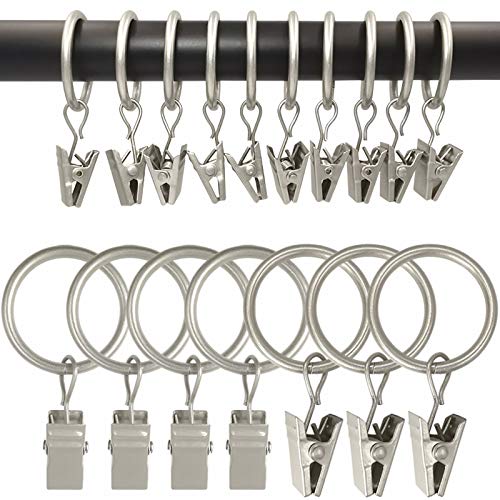 Image of AMZSEVEN 100 Pack Metal Curtain Rings with Clips, Drapery Clips with Rings, Drapes Rings 1 in I D, Fits Diameter 6/8 in Curtain Rod, Matte Silver