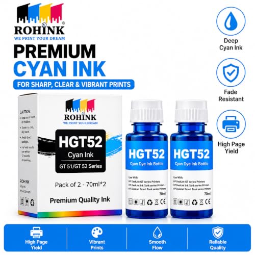 Image of ROHINK GT51 GT52 Ink Refill Dye Ink Compatible with HP Ink Tank 115, 310, 315, 319, 410, 415, 416, 419, 455, 500, 515, 530, 615, GT 5810, GT 5811, GT 5820 (HP HGT52 Cyan Pack 2)