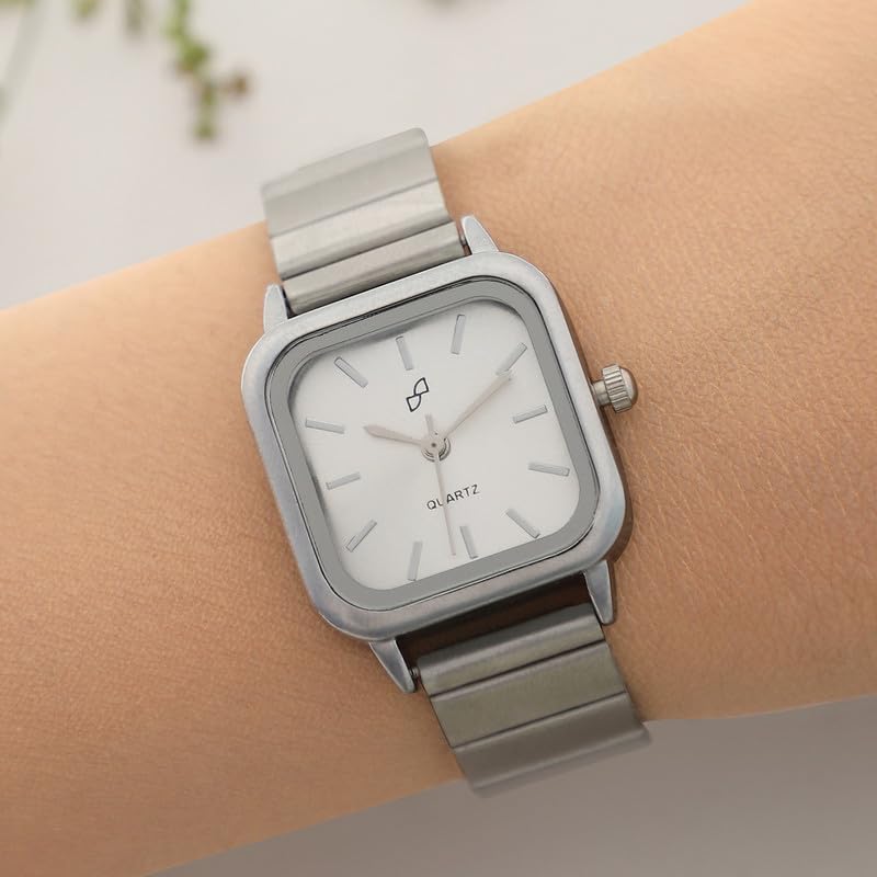 Image of Haute Sauce Women's The Downtown Chain Square Watch | Silver Stainless Steel Strap | Metallic Silver Dial | One-Size | Foldover Closure | Quartz | Battery | Wrist Belt Watch for Female and Girls