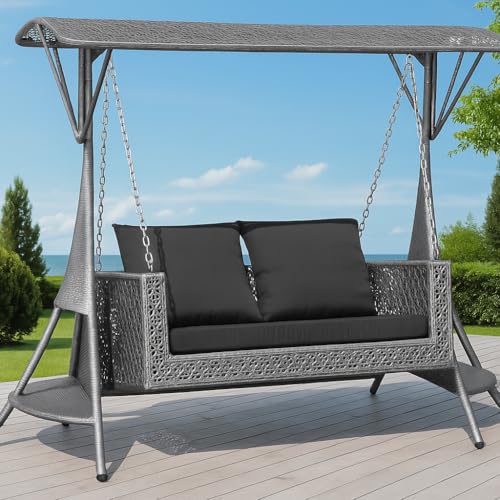 Image of Outdoor Swing with Stand & Roof Double Seater for Balcony, Garden | Weather Resistant Rattan & Wicker Hammock Jhula for Adults (Silver & Black)