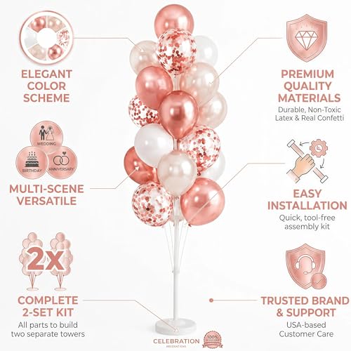 Image of Hiins Balloon Column Kit Set of 2 With Balloons Included - with Base, and Pole,Balloon Tower Backdrop Decoration for Wedding, Baby Shower, Birthday Party, or Bachelorette Parties (Rose)