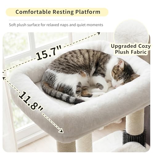 Image of Heybly Cat Scratching Post with Grooming Brush & Gentle Step, HSP001SWH | Small Cat Tree with 5 Full Sisal Posts, Removable Plush Bed, Stable & Space-Saving Cat Furniture for Indoor Cats, White