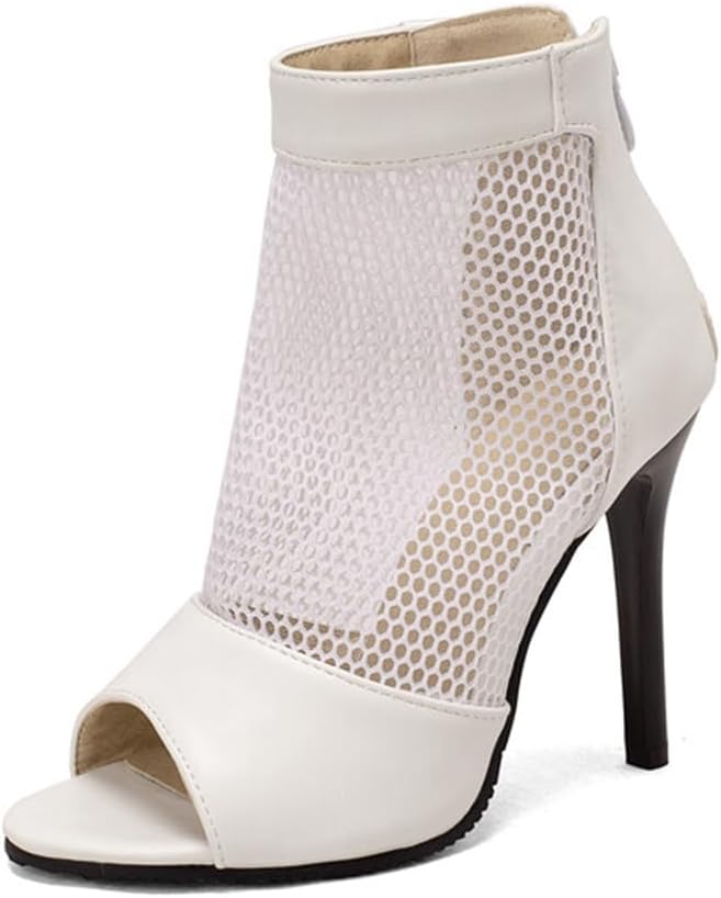 SACFOF Women's Peep Toe Mesh Air Booties Gladiator Summer Booties Leopard Ankle Boots Stiletto High Heeled Dressy Wedding Party Sandals