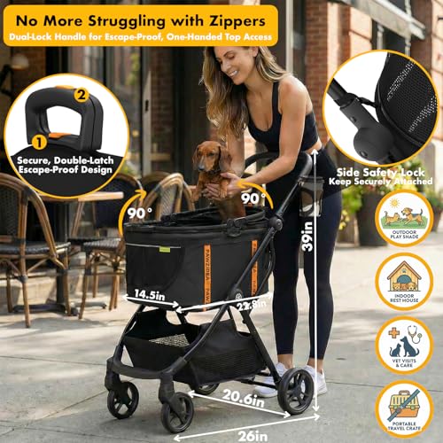 Image of PAWZIDEA 4-in-1 Pet Stroller for Small Medium Dogs & Cats, Foldable Dog Stroller with Detachable Carrier, Escape-Proof No-Zip Canopy, Lightweight Portable Travel Crate & Car Seat Combo, Storage Basket