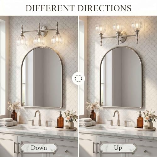 Image of ANDY STAR 3-Light Brushed Nickel Bathroom Vanity Light, Transitional Sconce | Ribbed Glass & Crystal Accent, Damp-Resistant, Ceramic E12 Base, Reversible Up /Down Mounting