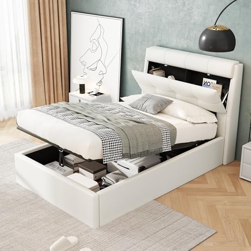 Dolamaní Jugendbett Polsterbett 90x200 cm Weiß, Boxspringbett mit hydraulisches Bettkasten, Bett mit Lattenrost & Stauraum Kopfteil, Doppelbett Bettrahmen, PU