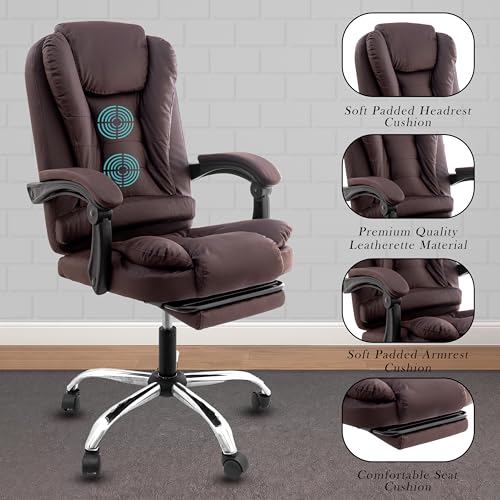 Image of Casa Copenhagen Italia Leatherette Office Chair for Work | Boss Chair, Ergonomic Executive, Luxurious Cushioned Arms & Seat, 2 Point Back Massager, Adjustable Leg Rest, Heavy Duty Metal Base(Brown)