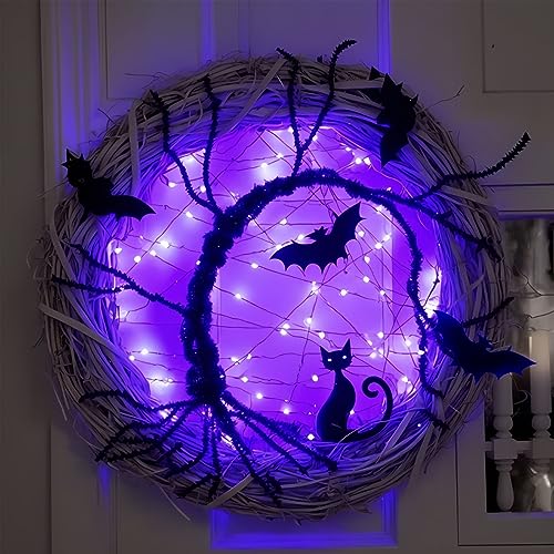Halloween Wreaths for Front Door, 15 Inch Halloween Lighted Wreath with Bat and Cat Decor, 45 LED Purple Lights Battery Operated, Front Door Porch Wreath Decorations for Holiday Party (Purple) - image 1