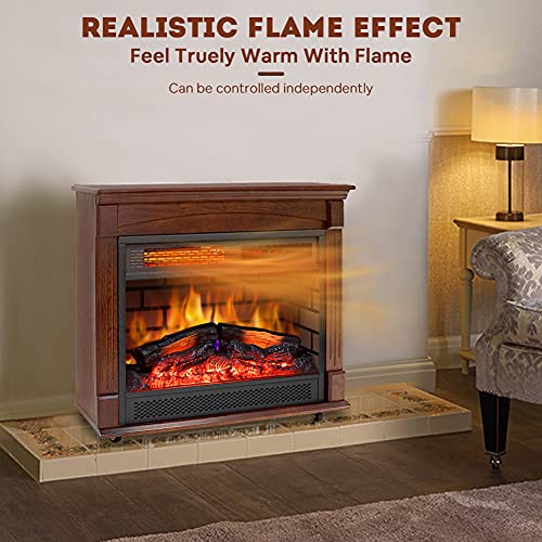 Electric Fireplace Mantel Heater 27" Freestanding, Wooden Infrared Quartz for Indoor Use with Logs Set Realistic Flame Effect, Remote Control & 12H Timer Overheat Auto Shut Off Thermostat Home