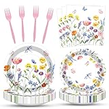 100 Pcs Spring Floral Party Supplies Set, Serves 25 – Disposable Flower Paper Plates, Napkins, and...