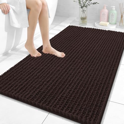 Image of OLANLY Bathroom Rug Mat 44x32, Thick Soft and Absorbent Chenille Bath Mat, Non-Slip Rubber Backing, Machine Washable Quick Dry Bath Rugs for Tub Shower Floor, Home Decor Accessories, Brown