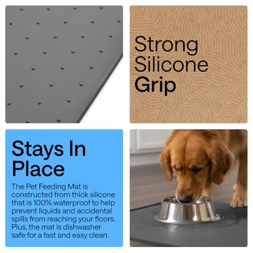 Image of GORILLA GRIP 100% Waterproof Raised Edge BPA Free Silicone Pet Feeding Mat, Dog Cat Food Mats Contain Spills Protects Floors, Placemats for Cats and Dogs Water Bowl, Pets Accessories 16x10, Charcoal