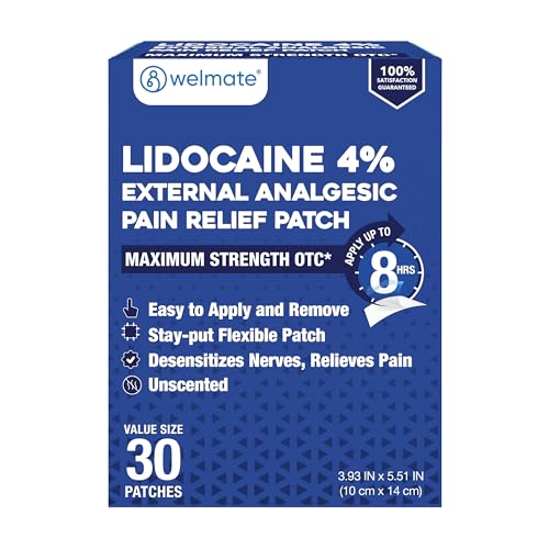 WELMATE - 4% Lidocaine Numbing Patch - Maximum Strength - Temporary Relief of Pain, Back, Neck, Shoulders, Knees, Elbows, Minor Skin Irritations - Topical Analgesic Unscented - 30 ct