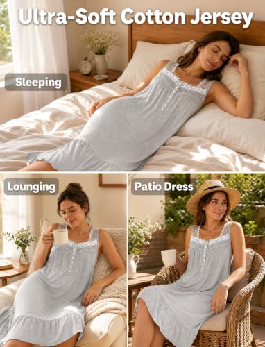Image of Viakeo Cotton Nightgowns for Women Long House Dress Soft Sleepshirts With Pockets S-3XL