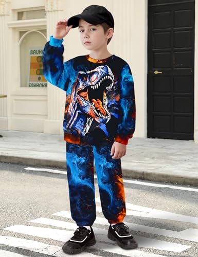 Image of Boys Clothes, T-Rex Print Dinosaur Boy Clothes Fall Winter Outfits Long-sleeved Hooded Sweatshirt Pants 2Pcs Set