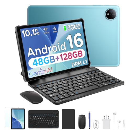 P10 10.1 inch Tablet 48GB+128GB/TF 2TB Android 16 Tablet with Gemini AI 7000mAh Unisoc T310 Quad-Core 90Hz 8MP+5MP Dual Speakers 3.5mm Headphone jack Tablet with Keyboard Pen Case Blue