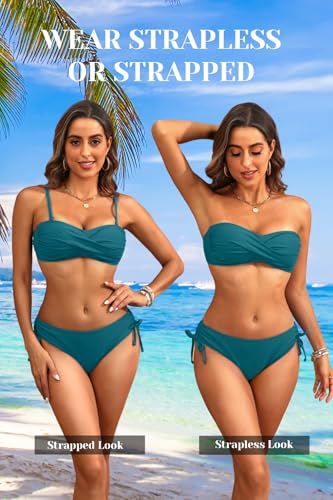 Image of Tempt Me Women Strapless Bandeau Bikini Set Twist Front Two Piece Swimsuit | Detachable Shoulder Straps, Molded Cup Design, Anti-slip Strips, Side Tie Bikini Bottom, Low Rise Fit