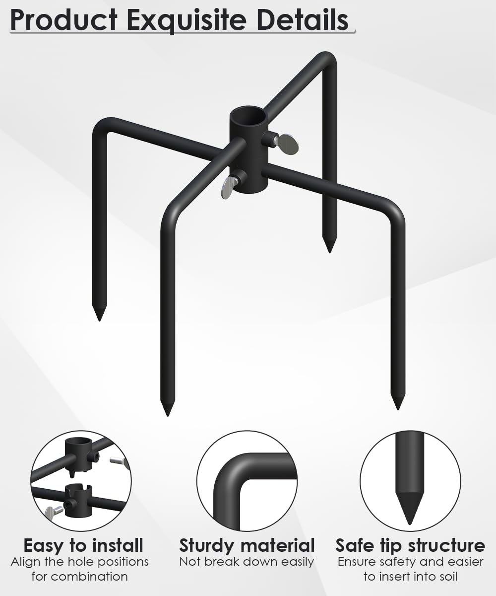Mocomax Pole Stabilizer Stand Base Applies to 0.74" to 1.06" Shepherds Hook, Outdoor Bird Feeder Pole Stabilizer Support with 4 Prongs, Metal Holder Base for Birdhouse, Flagpole, Umbrellas, Black