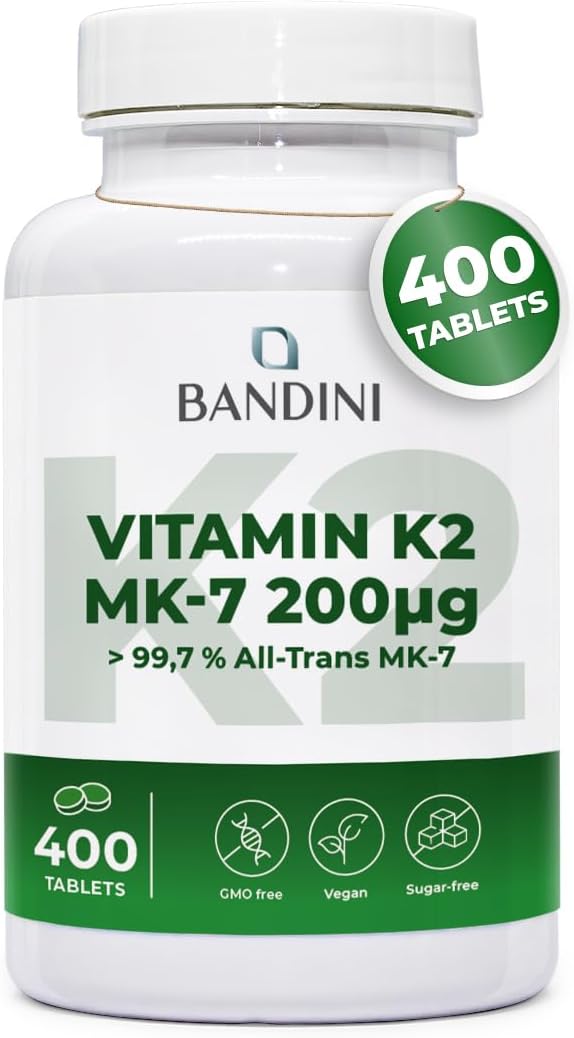 Bandini® Vitamin K2 MK7 200mcg | 400 Vegan Tablets | 1 a Day/+1 Year Supply | High Strength Menaquinone MK-7 | Vit K 2 MK 7 | Supports Normal Bones Manteinance | GMO-Free | Italian Quality