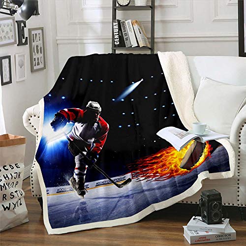 Erosebridal Ice Hockey Flannel Blanket Hockey Sport Player Sherpa Blanket Winter Extreme Sport Game Throw Blanket Arena Flame Pattern Plush Blanket for Boys Teens Adult Blue Black Throw 50"x