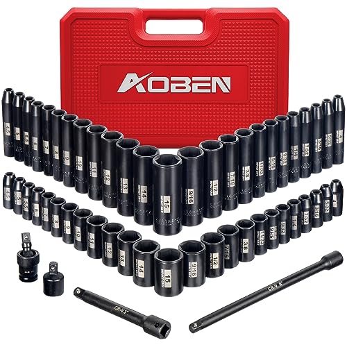 AOBEN 1/4-Inch Drive Impact Socket Set, 54 Pieces, 6 Point, SAE/Metric, (5/32' - 9/16' ，4mm -15mm)，Deep/Shallow, Cr-V Steel, Includes Extension bars and Socket Adapter