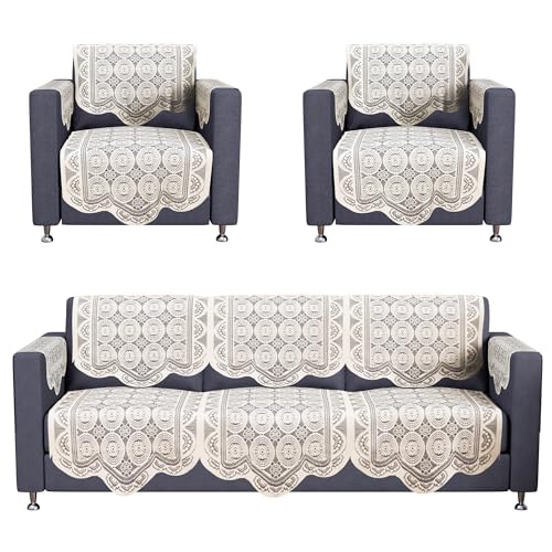 Image of Kuber Industries (Set of 16) Stylish & Durable Cotton Sofa Covers 5 Seater with Arms | Washable Sofa Protector & Slipcover for Living Room & Office | Plain Circle - Off White