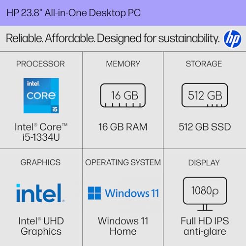 HP 23.8 inch All-in-One Desktop PC, FHD Display, Intel Core i5-1334U, 16 GB RAM, 512 GB SSD, Intel UHD Graphics, Windows 11 Home, Shell White, 24-cr0112 (2025) - Image 3