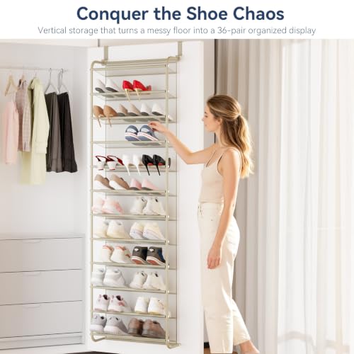 Image of Whitmor 36 Pair Over the Door Shoe Rack,12 Tier Hanging Shoe Organizer with Metal Frame & Mesh Shelves, Heavy Duty Shoe Storage Holder for Door, No Drill Installation, 74 inch H x 21.7 inch W x 7.5 inch D, Oat